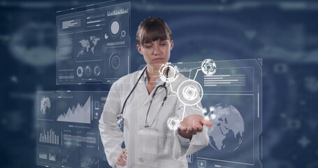 Poster - Image of caucasian female doctor with icons over digital screens with diverse data
