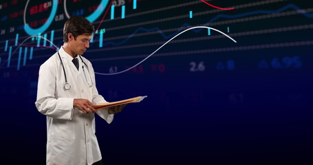 Canvas Print - Image of financial data and graphs over caucasian male doctor