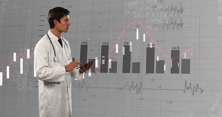 Poster - Image of financial data and graphs over caucasian male doctor
