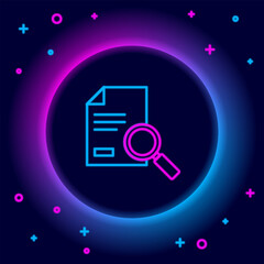Poster - Glowing neon line Document with search icon isolated on black background. File and magnifying glass icon. Analytics research sign. Colorful outline concept. Vector