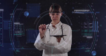 Poster - Image of caucasian female doctor over digital screen with glitch