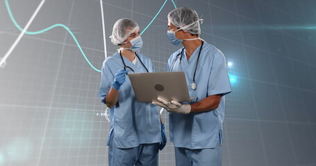 Poster - Image of financial data and graphs over caucasian female and male surgeons