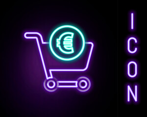 Poster - Glowing neon line Shopping cart and euro symbol icon isolated on black background. Online buying concept. Delivery service. Shopping cart. Colorful outline concept. Vector