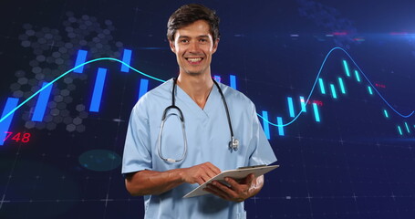 Poster - Image of financial data and graphs over caucasian male doctor