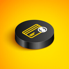 Poster - Isometric line Credit card and dollar symbol icon isolated on yellow background. Online payment. Cash withdrawal. Financial operations. Black circle button. Vector