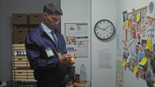 A Young Hispanic Man Examining Evidence In A Detective's Office, Surrounded By Case Files And A Board With Missing Persons Flyers.