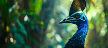 Cassowary: A Cassowary Standing Alert In The Rainforest, Shot With A Telephoto Lens To Safely Capture Its Bright Blue Neck And Intimidating Stature.