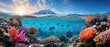 Depths of the sea, peaks of the sky. A vibrant coral reef thrives in the clear blue waters, with a majestic mountain rising in the background under the sky