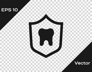 Poster - Black Dental protection icon isolated on transparent background. Tooth on shield logo. Vector