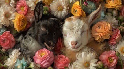   A couple of goats relaxing next to each other in a flower-filled field No goats have flowers on their heads