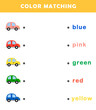 © G.rena - Color matching game for preschool kids. Color Matching Activities for Toddlers. Fun puzzle with cute cartoon cars. Color matching worksheet for children.