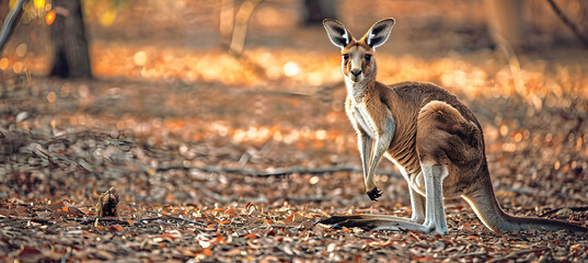 Kangaroo: A muscular kangaroo standing alert, photographed with side lighting to enhance the textures of its fur and powerful legs, set against a simple outback red earth background with copy space.