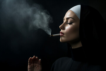 Wall Mural - Generative AI picture of monastery sister nun praying God religious holiday smoking cigarette