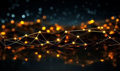 Poster - abstract 3d rendering of gold geometric mesh network nodes on black background - modern technology, 