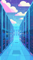 Cloud computing service concept with datacenter storage servers connecting to cloud network, administrator and developer team working to manage and optimize system