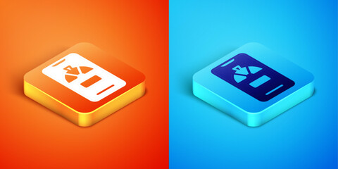 Poster - Isometric Lucky wheel on phone icon isolated on orange and blue background. Vector