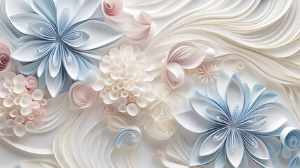 Wall Mural - Quilling paper abstract background with copy space. Filigree paper floral banner in pastel colors. Bridal paper flowers. Quilling floral background. High quality photo