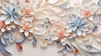 Wall Mural - Quilling paper abstract background with copy space. Filigree paper floral banner in pastel colors. Bridal paper flowers. Quilling floral background. High quality photo