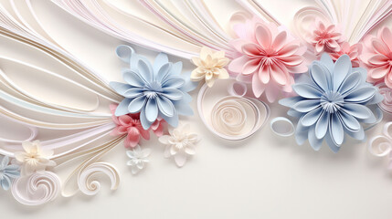 Wall Mural - Quilling paper abstract background with copy space. Filigree paper floral banner in pastel colors. Bridal paper flowers. Quilling floral background. High quality photo