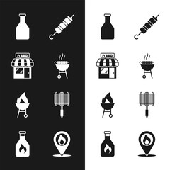 Canvas Print - Set Barbecue grilled shish kebab, shopping building, Ketchup bottle, Grilled, steel grid, Location with fire flame and icon. Vector