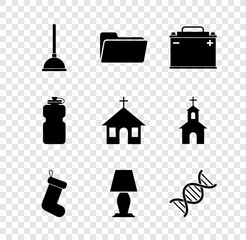 Sticker - Set Rubber plunger, Folder, Car battery, Christmas sock, Table lamp and DNA symbol icon. Vector