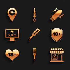 Wall Mural - Set Spanking paddle, Sex shop building, Shield with 18 plus, content heart, Monitor, Dildo vibrator for sex games and Location icon. Vector