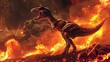 Majestic T-Rex Stalking Through Blazing Inferno - A majestic Tyrannosaurus Rex strides through a blazing landscape, surrounded by volcanic activity, evoking feelings of awe and trepidation
