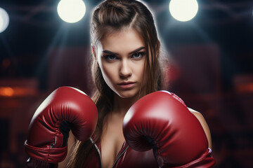 Canvas Print - Boxing sport woman female boxer posing in ring created with generative AI technology