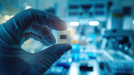 Poster - Engineer holding a semiconductor chip - A professional engineer closely examines a semiconductor microchip in a high-tech manufacturing environment