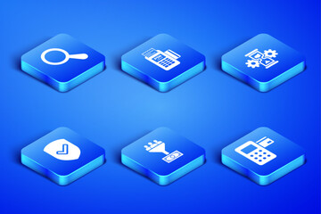 Poster - Set Pos terminal, Magnifying glass, Lead management, Shield with check mark, POS and Hourglass and gear icon. Vector