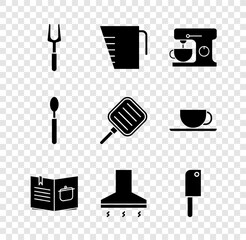 Canvas Print - Set Barbecue fork, Measuring cup, Electric mixer, Cookbook, Kitchen extractor fan, Meat chopper, Spoon and Frying pan icon. Vector