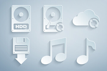 Poster - set music note, tone, cloud sync refresh, floppy disk backup, , hard drive hdd and icon. vector