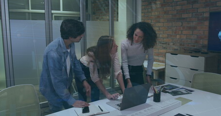 Poster - Image of data processing over diverse business people in office