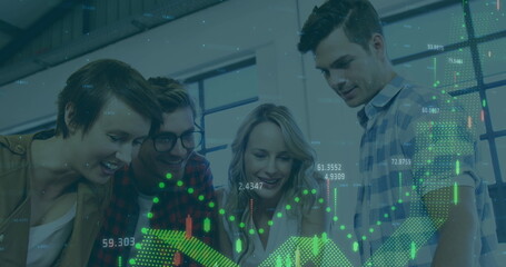 Poster - Image of financial data processing over diverse colleagues discussing together at office