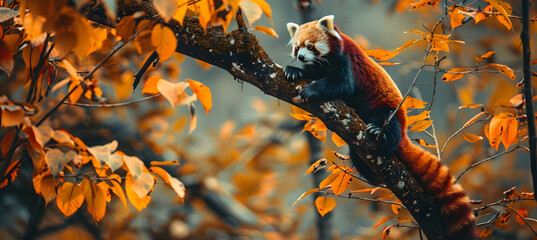 Wall Mural - Red Panda: A red panda in a tree, shot with a shallow depth of field to isolate it from the autumn leaves, set against a blurred forest background with copy space