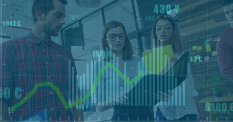 Canvas Print - Image of financial data processing with green line over diverse business people in office