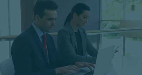 Poster - Image of data processing over diverse business people in office