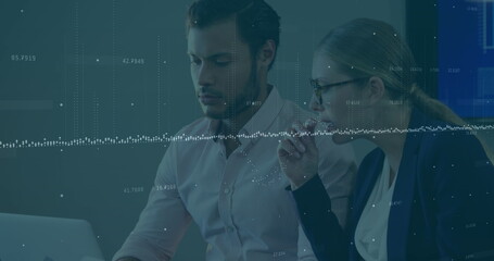 Poster - Image of data processing over caucasian man and woman discussing over a laptop at office