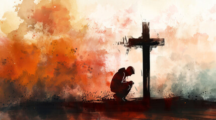 Wall Mural - Man praying in front of the cross. Digital watercolor painting.