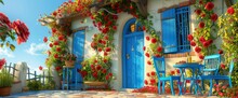 A Quaint Little House With Blooming Red Roses Climbing Up The Walls, Surrounded By Blue Chairs And An Outdoor Table Under An Arbor Of Green Leaves.