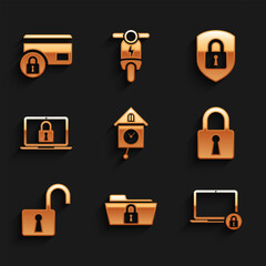 Poster - set retro wall watch, folder and lock, laptop, lock, open padlock and icon. vector