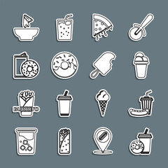 Wall Mural - Set line Soda drink with donut, and hotdog, Ice cream, Slice of pizza, Donut, Aluminum can soda, Nachos plate and icon. Vector