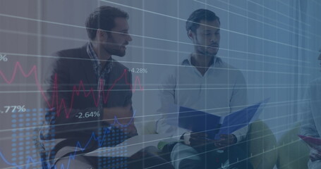Poster - Image of statistical data processing over diverse group of businesspeople discussing at office