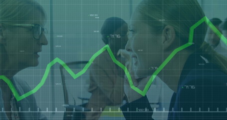 Poster - Image of statistical data processing over woman whispering into the ear of another woman