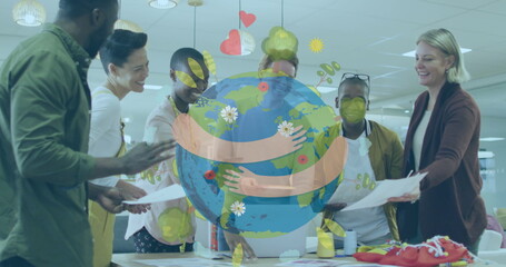 Poster - Image of globe and data processing over business people in office