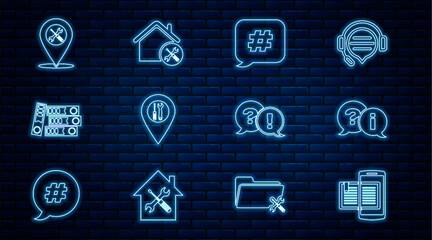 Poster - set line smartphone and book, question exclamation, hashtag speech bubble, location service, office 