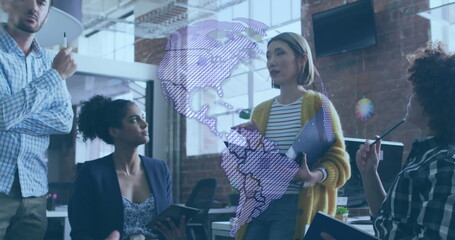 Poster - Image of globe and data processing over business people in office