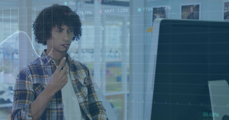 Poster - Image of financial data processing over biracial businessman in office