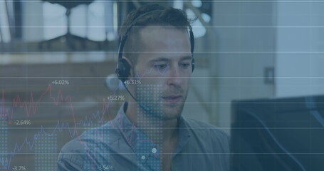 Poster - Image of financial data processing over caucasian businessman in office