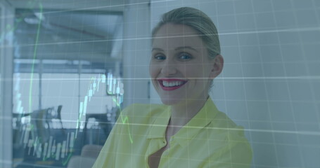 Poster - Image of financial data processing over caucasian businesswoman in office